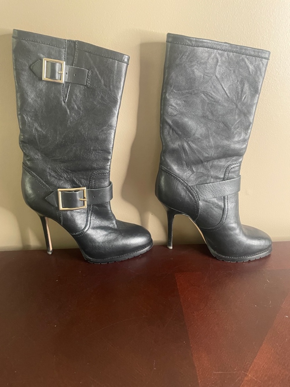 Jimmy Choo Black Leather Mid-Calf Buckle Stiletto Boots - Women